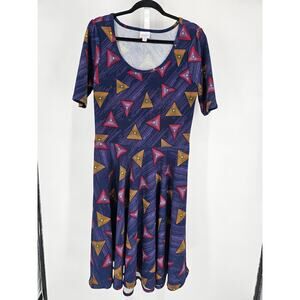 LulaRoe Nicole Purple Retro Atomic Triangle Print Stretch Sz XL Short Sleeve